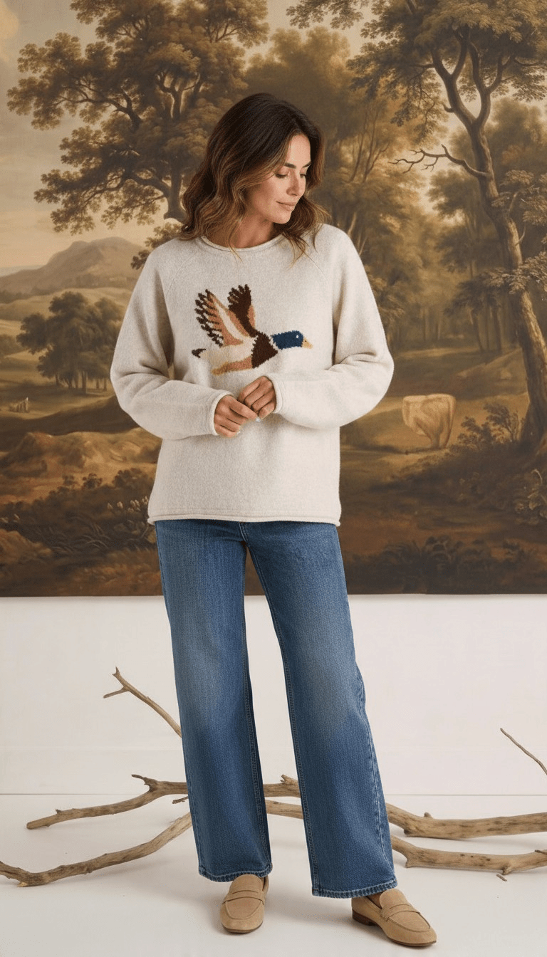 Model wearing a graced oatmeal knit sweater featuring a mallard duck design, paired with blue jeans and loafers.