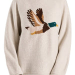 graced Carley Mallard sweater in oatmeal featuring a flying mallard duck intarsia knit design and crew neckline