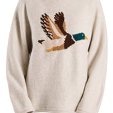 graced Carley Mallard sweater in oatmeal featuring a flying mallard duck intarsia knit design and crew neckline