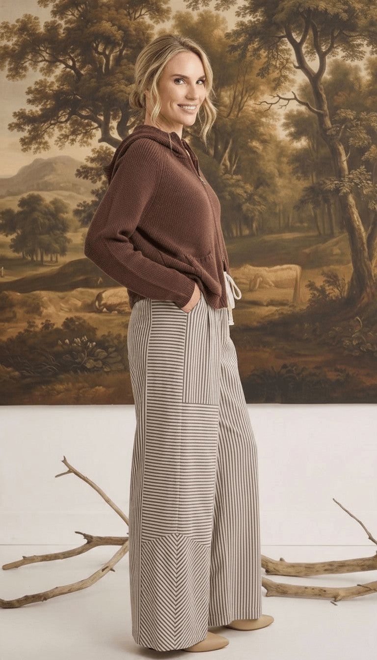A woman wearing graced Carly mixed stripe wide leg pants in beige and brown, paired with a brown hooded sweater.