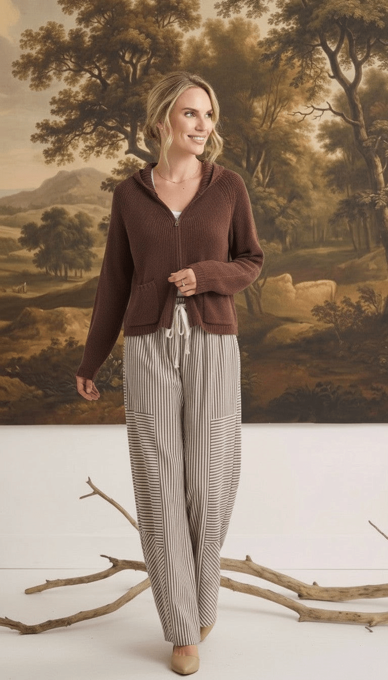 Model wearing graced The Carly Mixed Stripe wide leg pants with a brown zip-up hoodie in a studio setting