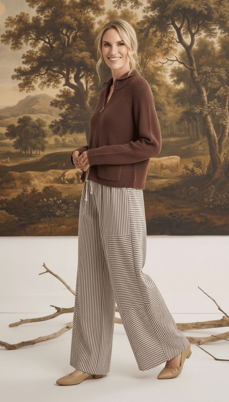 graced model wearing brown zip-up sweater and mixed stripe wide leg pants in a studio setting