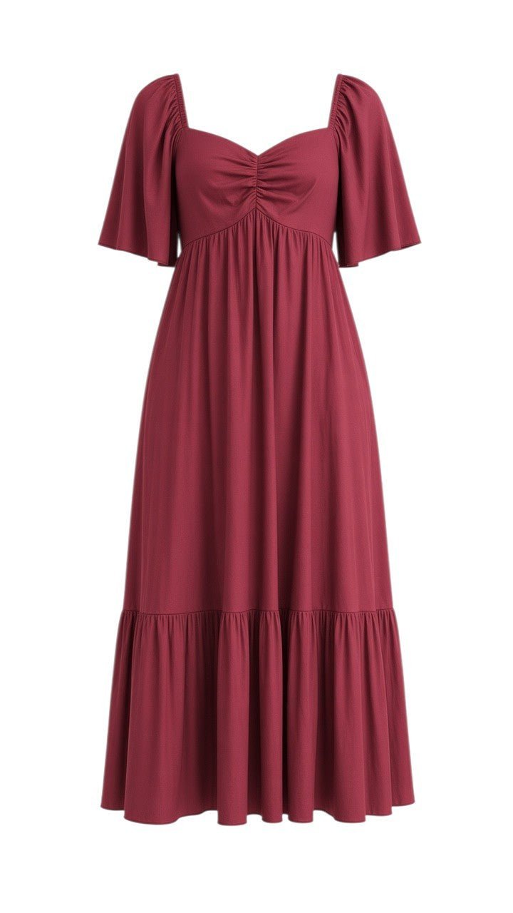 graced Celeste midi dress in deep burgundy with romantic puff sleeves, sweetheart neckline, and tiered skirt detail.