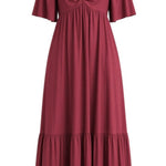 graced Celeste midi dress in deep burgundy with romantic puff sleeves, sweetheart neckline, and tiered skirt detail.