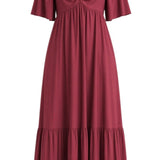 graced Celeste midi dress in deep burgundy with romantic puff sleeves, sweetheart neckline, and tiered skirt detail.