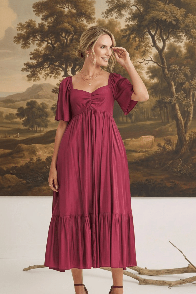 graced Celeste midi dress in deep burgundy with puff sleeves and a sweetheart neckline worn by a model