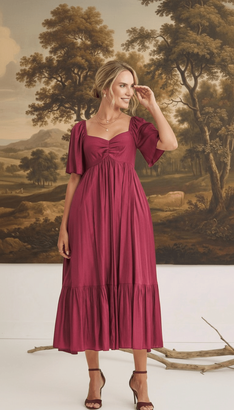 graced Celeste midi dress in deep burgundy with puff sleeves and a sweetheart neckline worn by a model