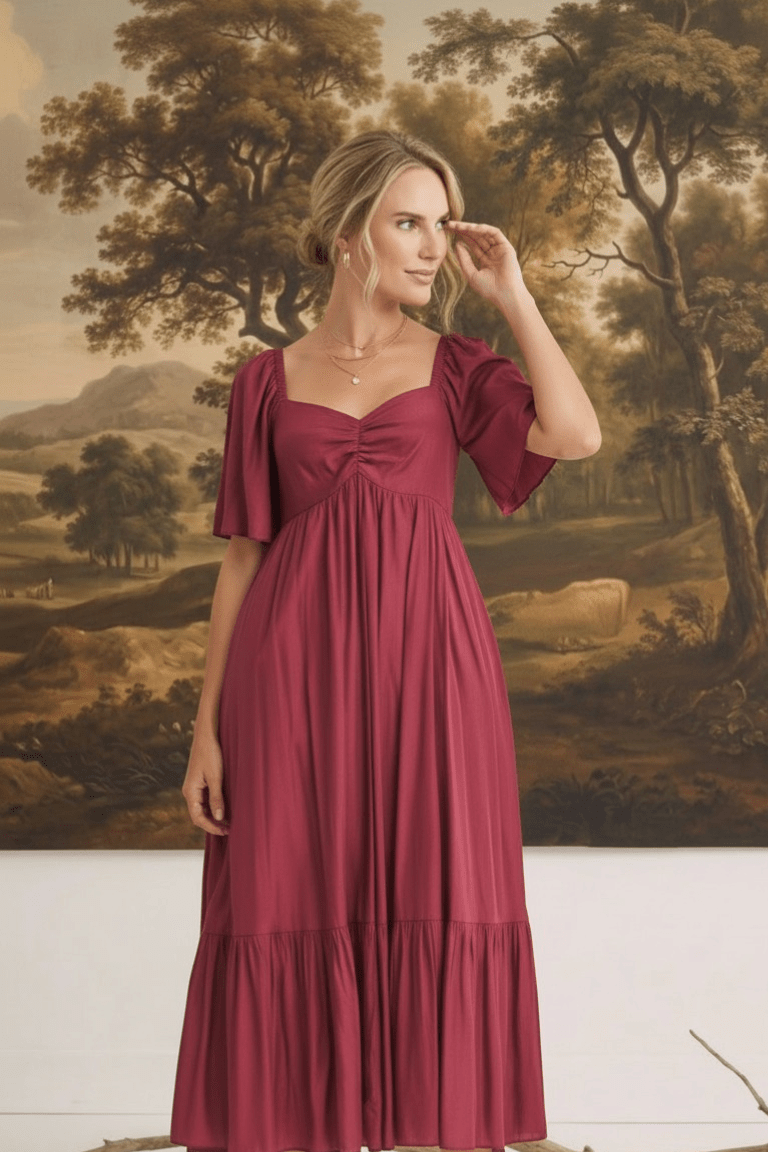 graced Celeste midi dress in deep red with puff sleeves and a sweetheart neckline worn by a model