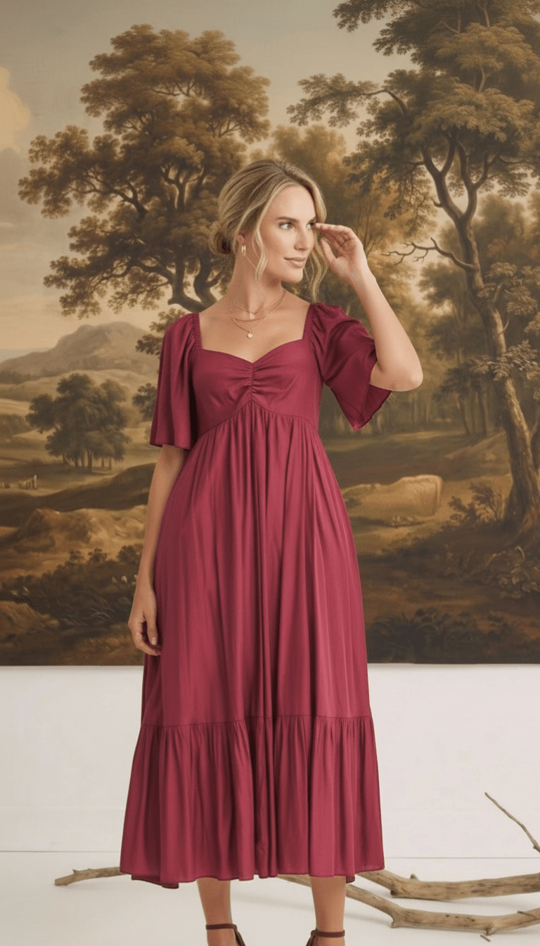 graced Celeste midi dress in deep red with puff sleeves and a sweetheart neckline worn by a model