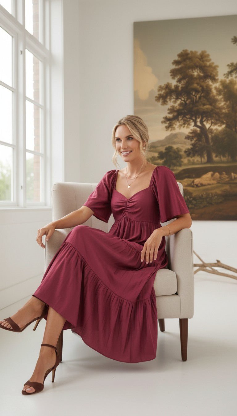 A woman wearing a burgundy graced Celeste puff sleeve midi dress while sitting in a chair in a bright room.