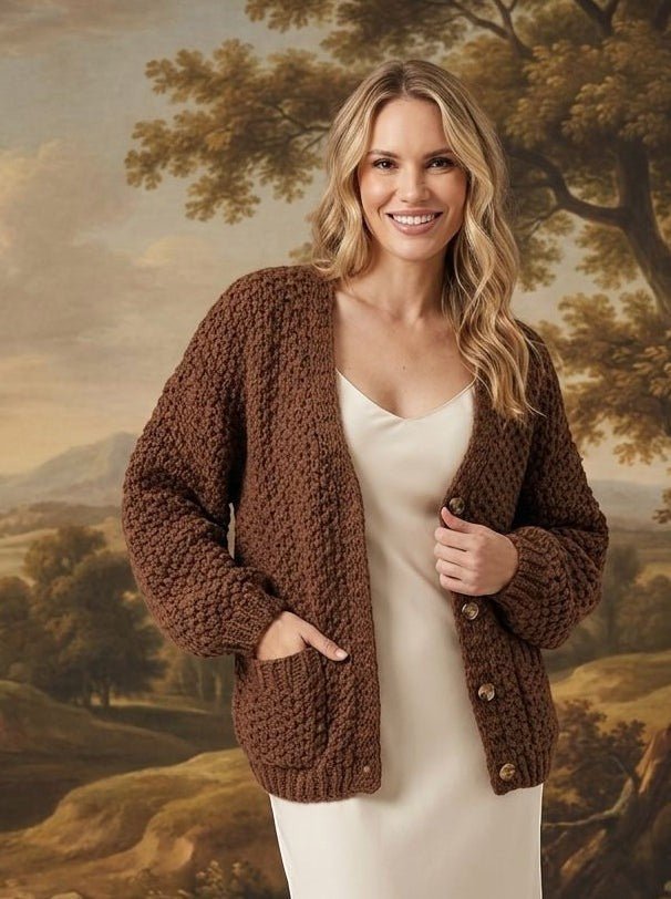 graced Chloe chunky knit cardigan in mocha brown with front pockets and buttons worn over a cream slip dress
