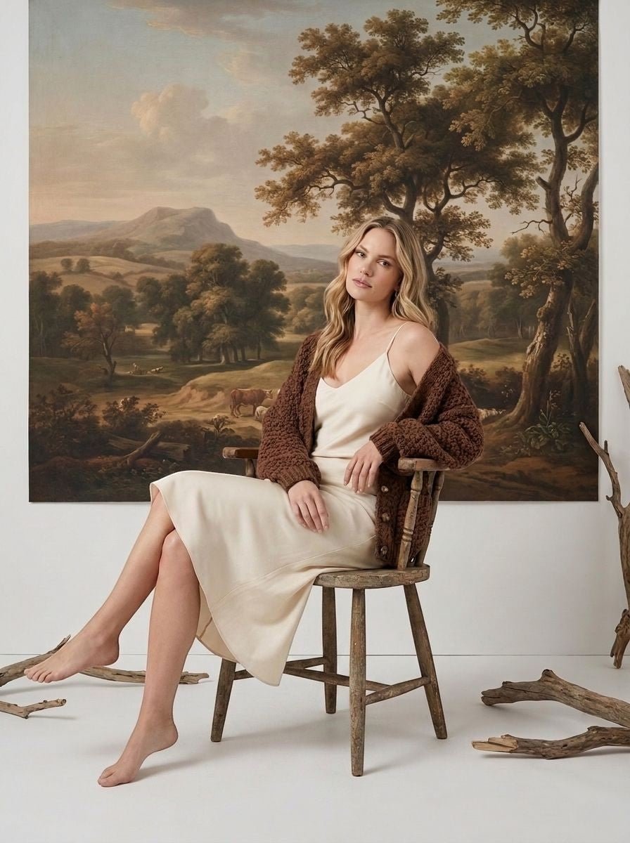 graced Chloe chunky knit cardigan in mocha worn by a blonde model over a cream slip dress in a rustic setting