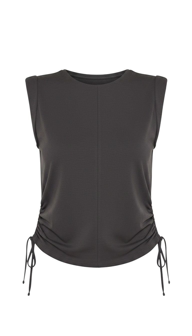 graced chocolate brown cotton sleeveless top with side tie cinch detail and a round neckline