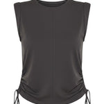 graced chocolate brown cotton sleeveless top with side tie cinch detail and a round neckline