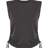 graced chocolate brown cotton sleeveless top with side tie cinch detail and a round neckline