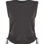 graced chocolate brown sleeveless cotton top with side tie cinching detail and a crew neckline