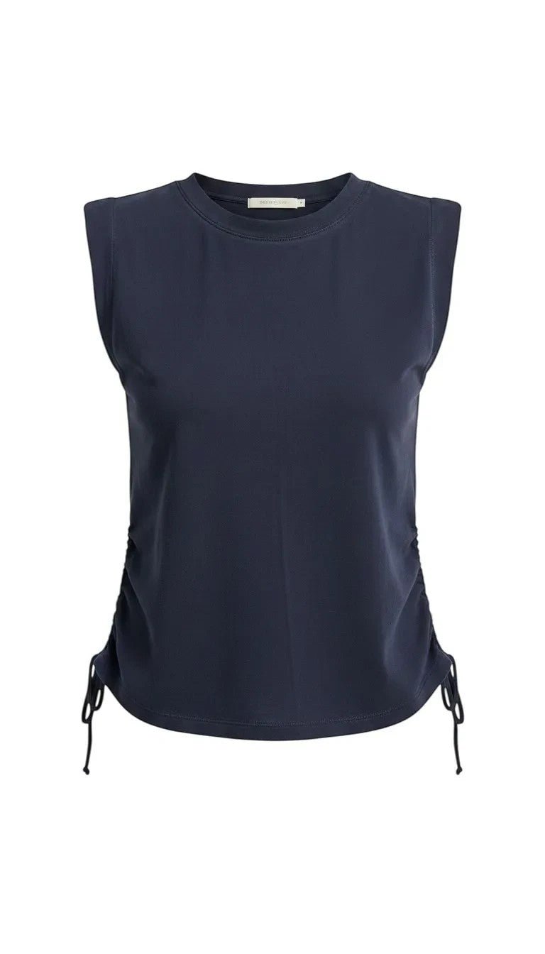 graced navy cotton sleeveless top with side tie detail and crew neckline