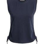 graced navy cotton sleeveless top with side tie detail and crew neckline