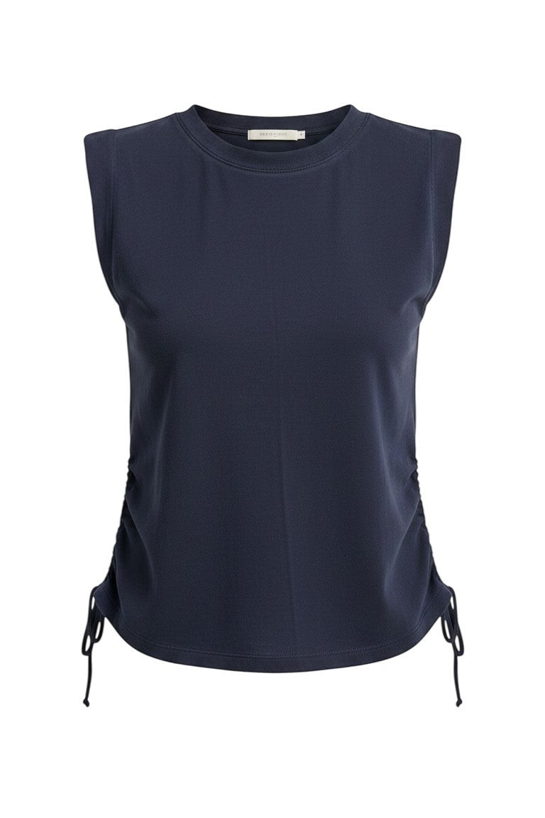graced navy blue cotton sleeveless top with side tie cinching detail and crew neckline
