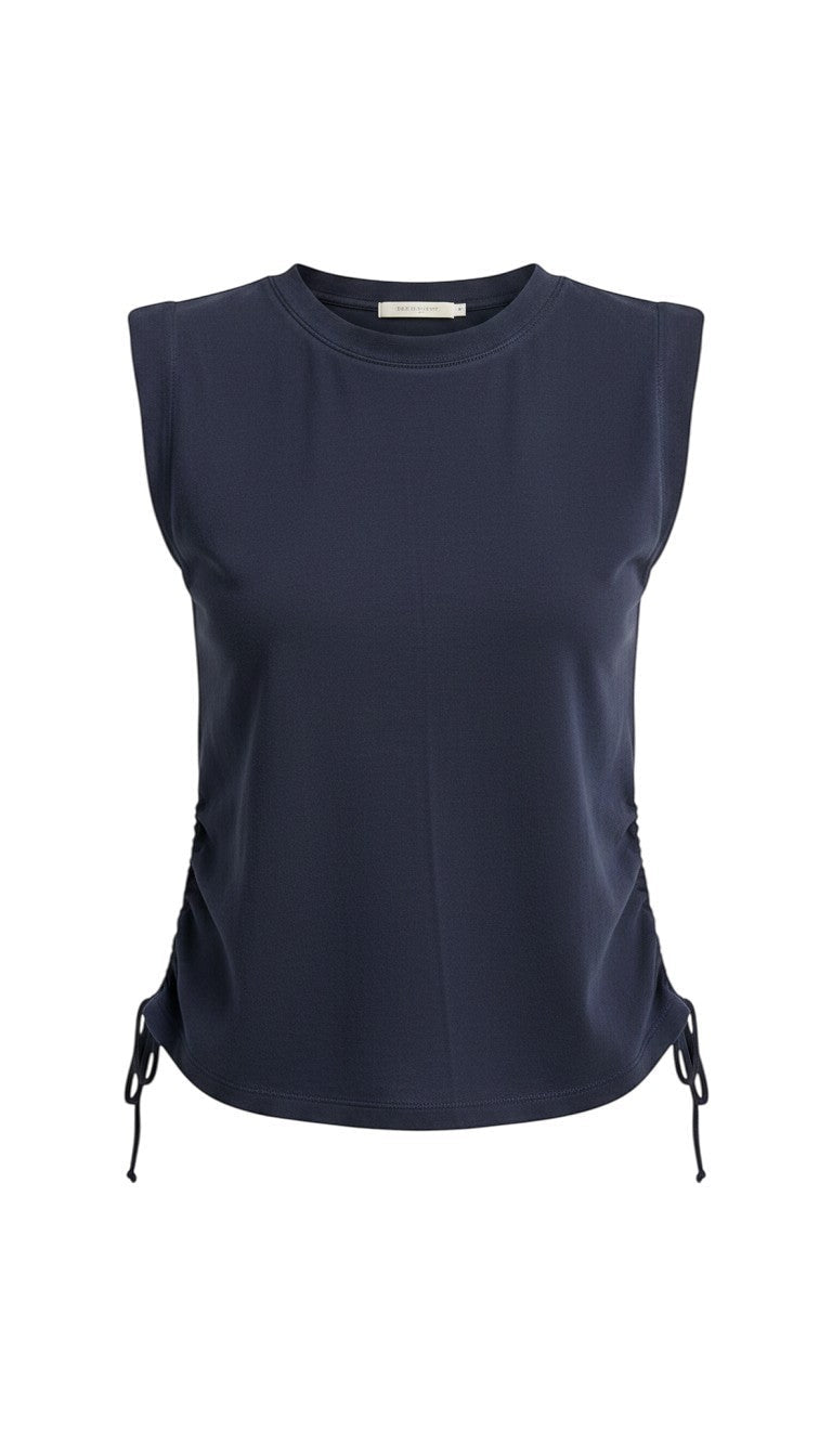 graced navy blue cotton sleeveless top with side tie cinching detail and crew neckline