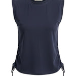 graced navy blue cotton sleeveless top with side tie cinching detail and crew neckline