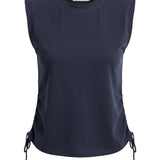 graced navy blue cotton sleeveless top with side tie cinching detail and crew neckline