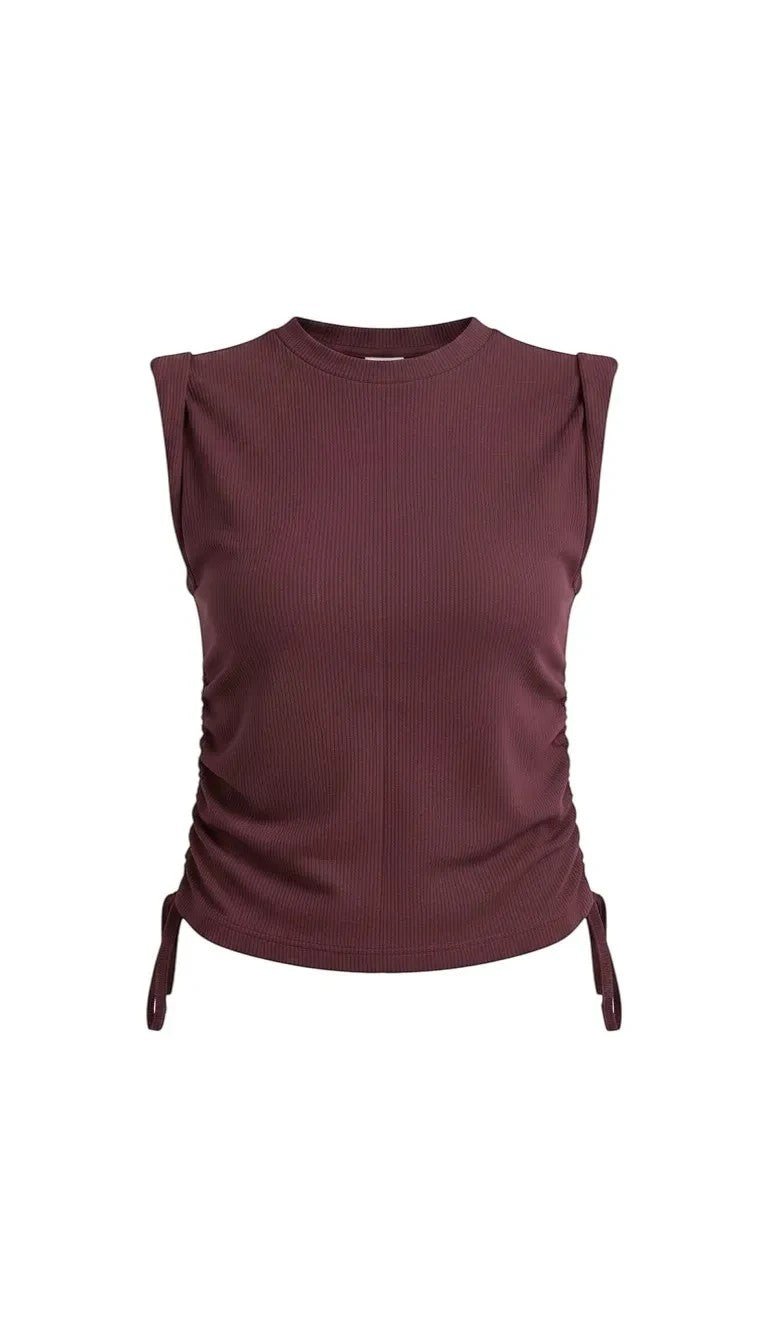 graced winetasting ribbed cotton top with side tie detail and structured shoulders