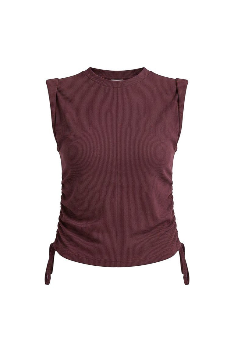 graced wine-colored ribbed cotton sleeveless top with side tie detail and structured shoulders