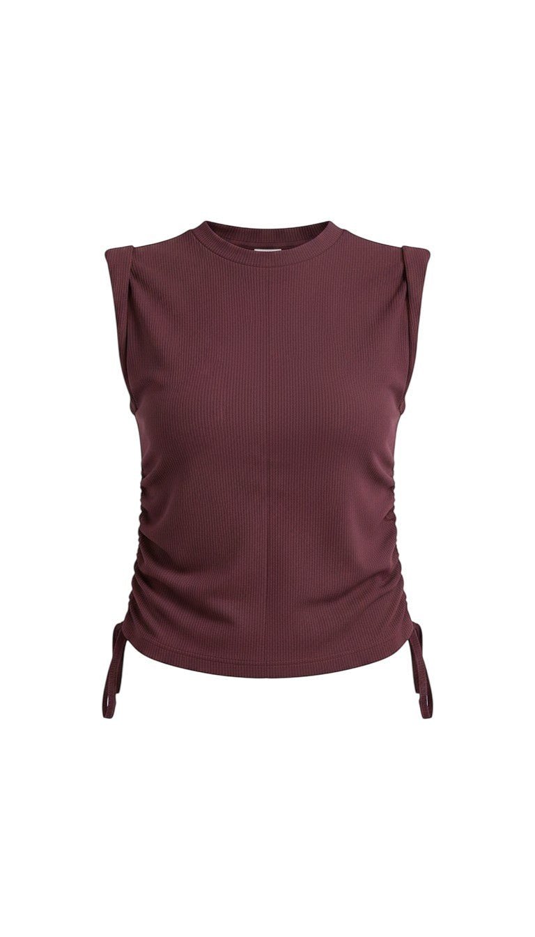 graced wine-colored ribbed cotton sleeveless top with side tie detail and structured shoulders