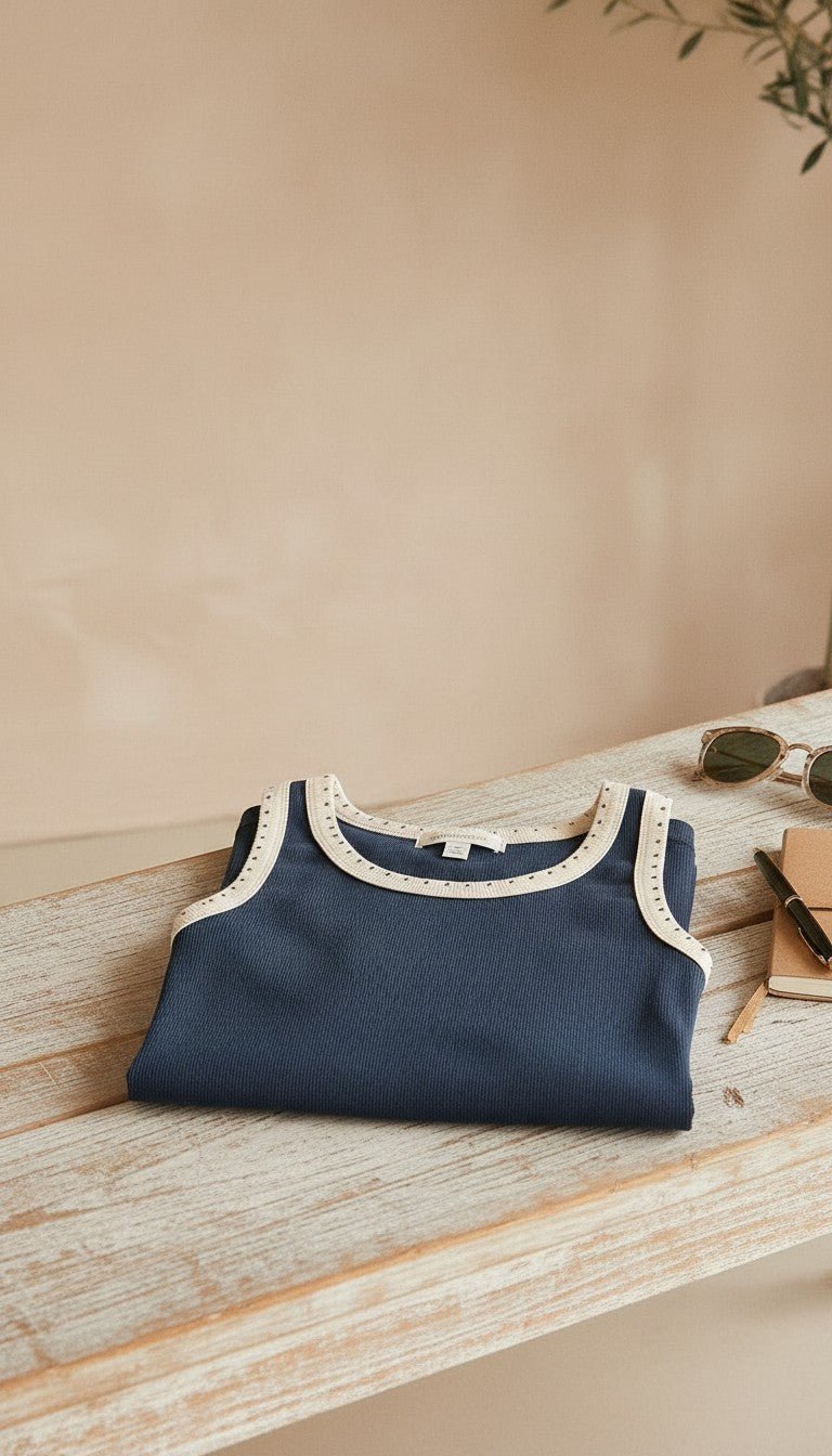 Navy blue ribbed tank top from Z Supply's The Clarke Ribbed Tank, featuring a fitted sleeveless design and ribbed fabric.