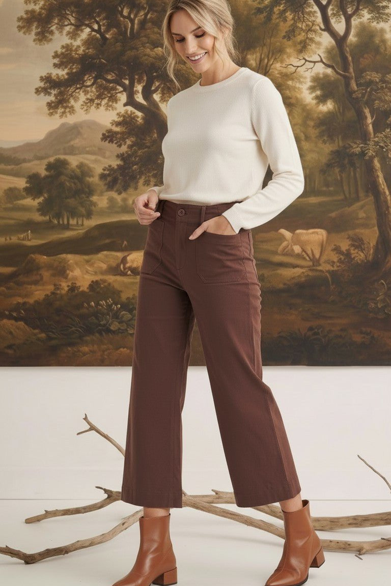 graced The Darcy wide-leg pants in cocoa brown with front pocket detail worn by a model with a cream sweater
