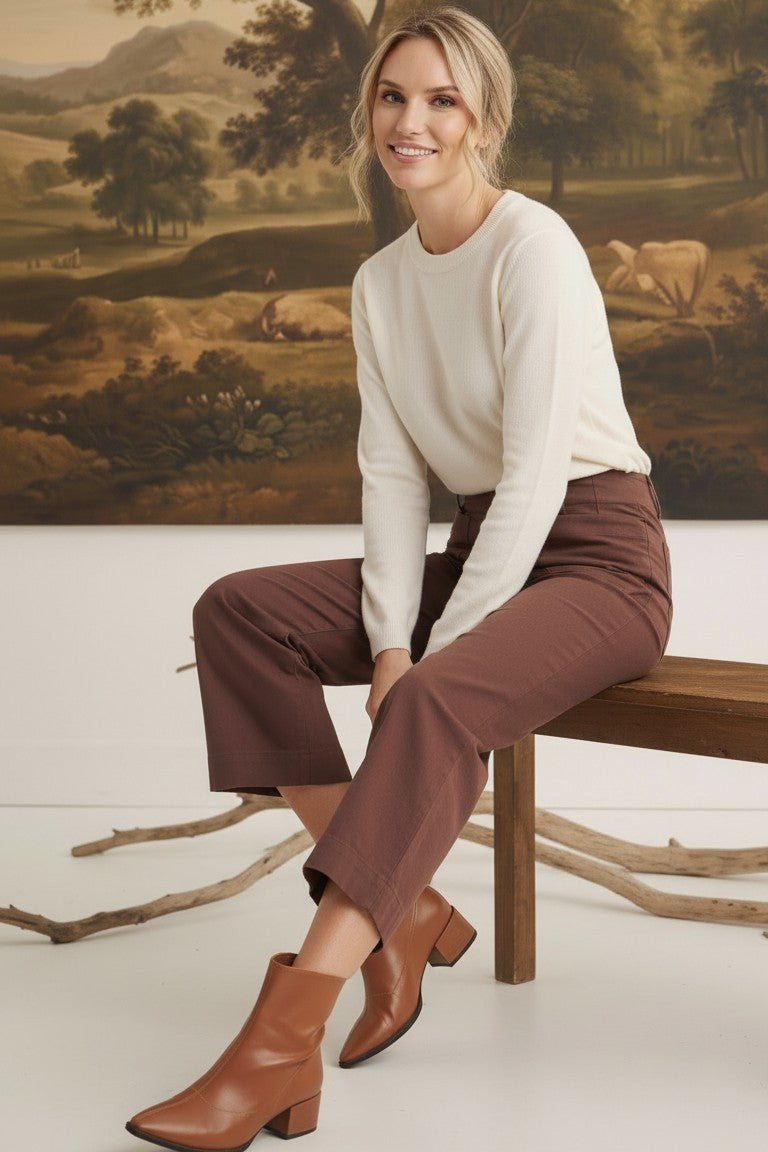 graced The Darcy wide-leg pants in cocoa brown with pocket detail, styled with a cream sweater and tan ankle boots