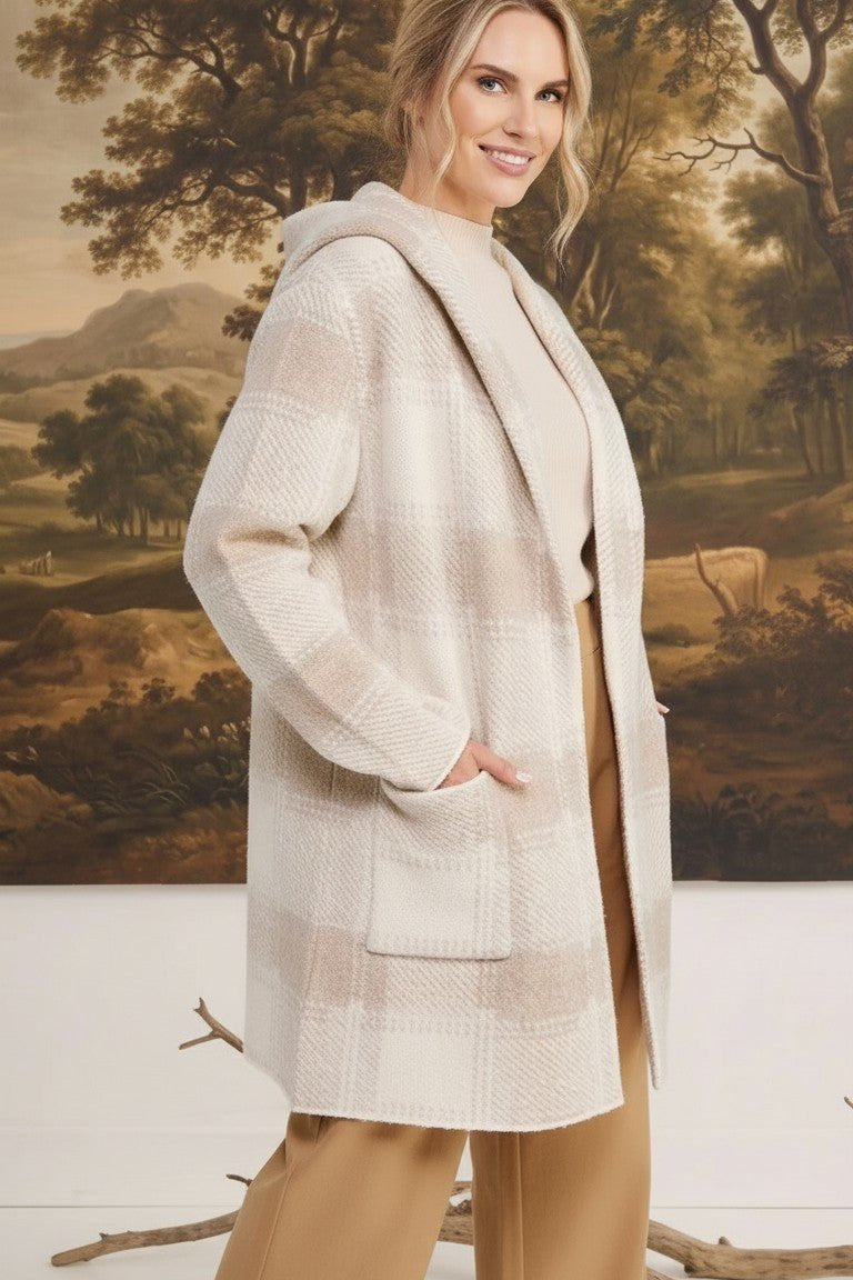 graced Dawn plaid sweater hooded cardigan in beige and cream worn by a woman over a neutral outfit