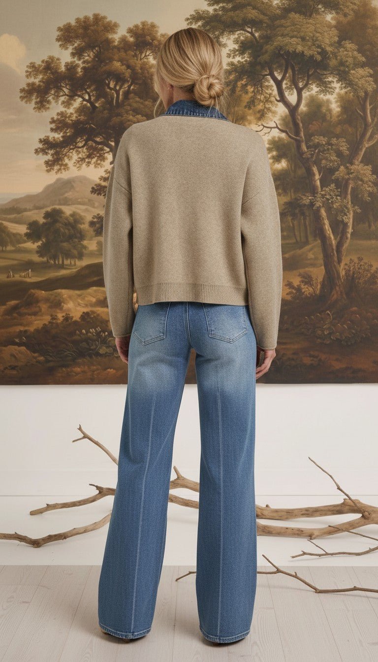 Back view of a woman wearing the graced Dolly zip up sweater jacket in taupe over a denim shirt and blue jeans.
