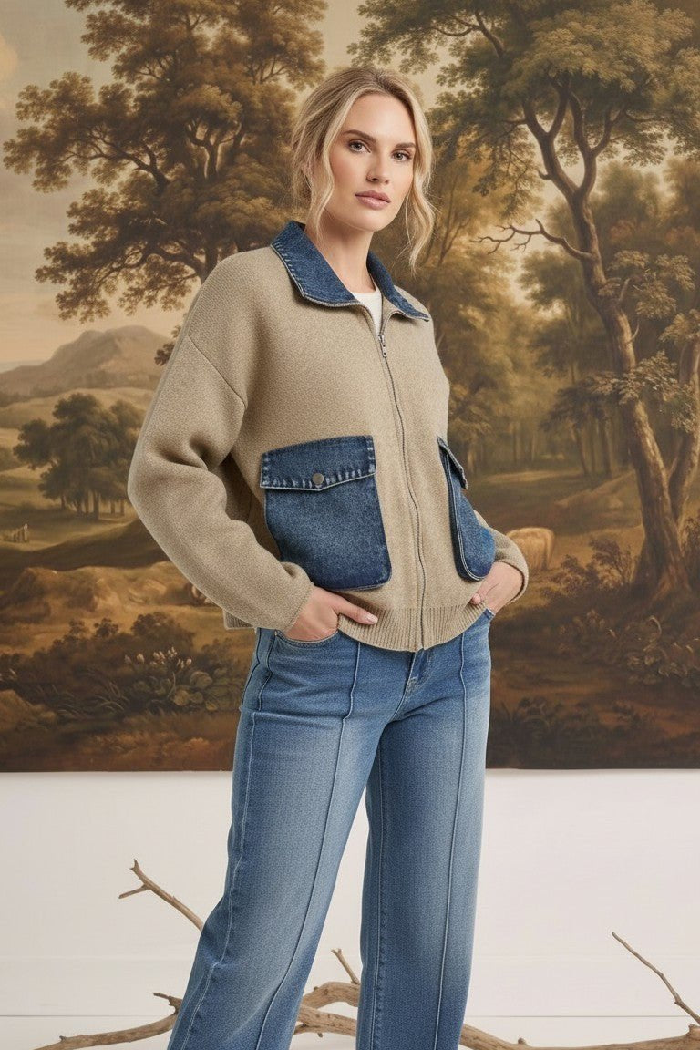 graced The Dolly taupe sweater jacket with denim collar and pocket accents worn by a blonde model