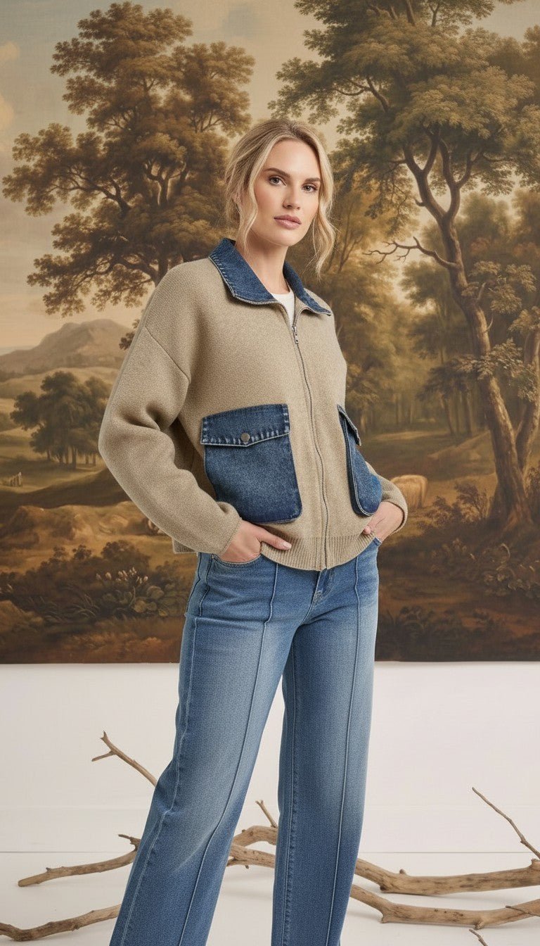 graced The Dolly taupe sweater jacket with denim collar and pocket accents worn by a blonde model