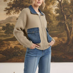 graced The Dolly taupe sweater jacket with denim collar and pocket accents worn by a blonde model