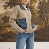 graced The Dolly taupe sweater jacket with denim collar and pocket accents worn by a blonde model