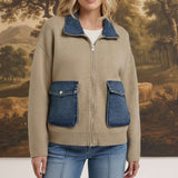 graced The Dolly zip-up sweater jacket in taupe with contrasting blue denim collar and pocket details on a model.