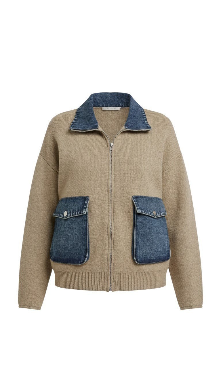 graced The Dolly zip-up sweater jacket in taupe with contrasting blue denim collar and patch pockets