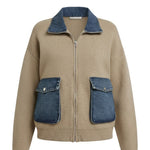 graced The Dolly zip-up sweater jacket in taupe with contrasting blue denim collar and patch pockets