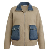 graced The Dolly zip-up sweater jacket in taupe with contrasting blue denim collar and patch pockets