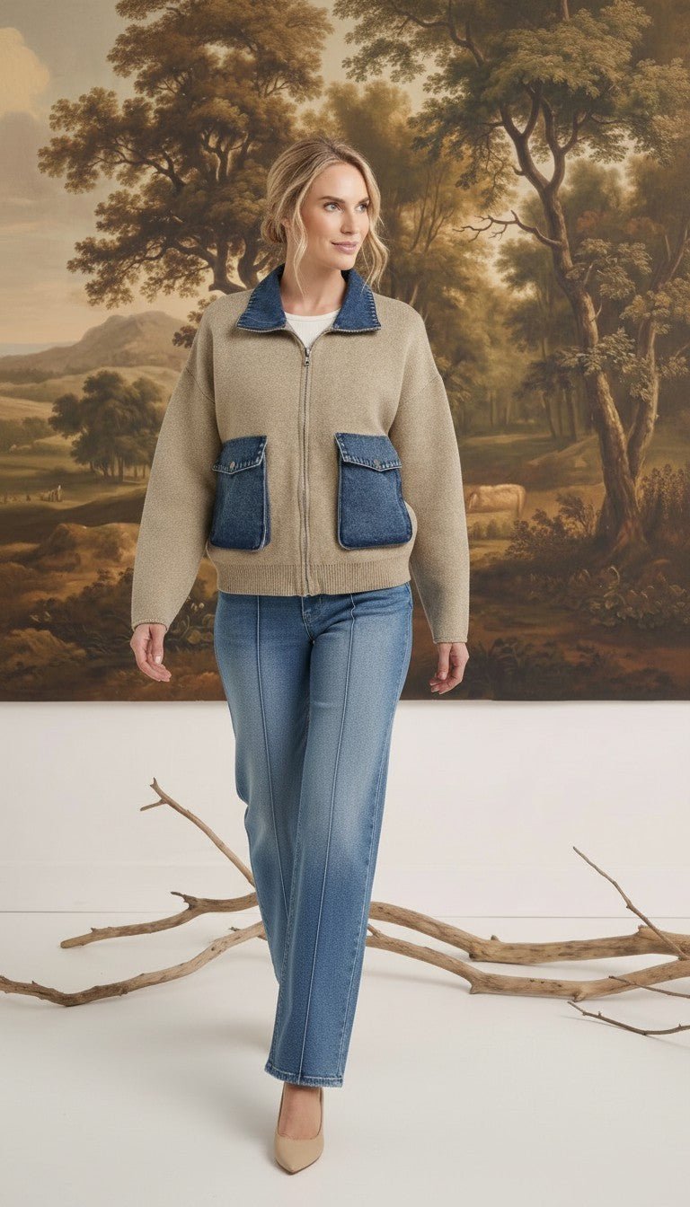 graced The Dolly taupe sweater jacket with denim collar and pocket details worn by a woman with blue jeans