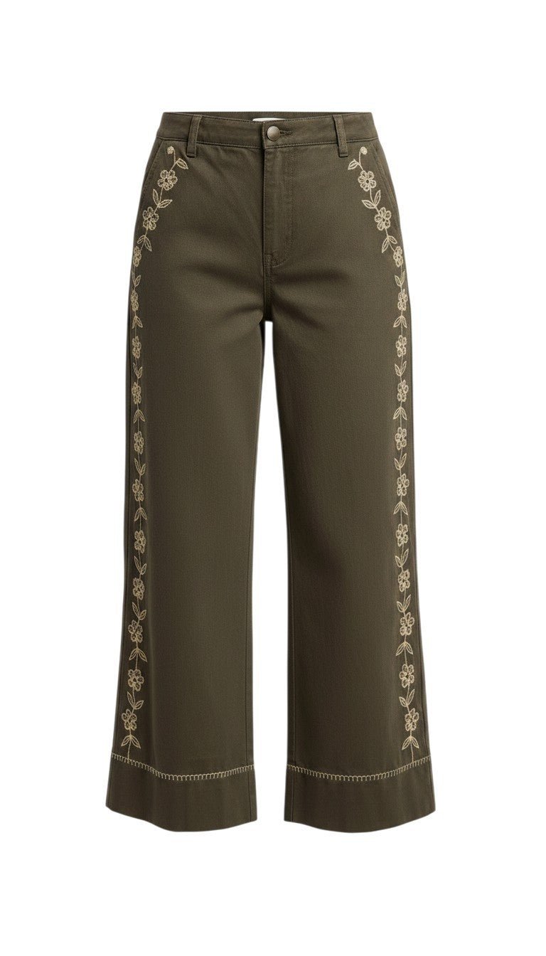 graced Eden wide leg pants in olive green cotton with delicate contrast floral embroidery and a flowy midi silhouette