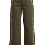 graced Eden wide leg pants in olive green cotton with delicate contrast floral embroidery and a flowy midi silhouette