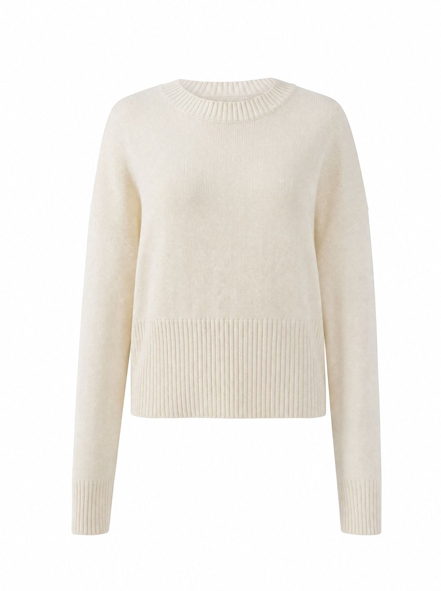 graced Eloise cream crew neck sweater with dropped shoulders and wide ribbed hem in a soft wool blend knit