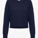 graced Eloise navy crew neck sweater with dropped shoulders, wide ribbed cuffs, and a cropped hem in a soft knit.