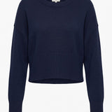 graced Eloise navy crew neck sweater with dropped shoulders, wide ribbed cuffs, and a cropped hem in a soft knit.