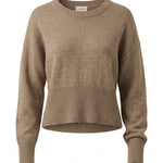 graced Eloise taupe crew neck sweater with drop shoulders, wide ribbed cuffs, and a cropped silhouette.