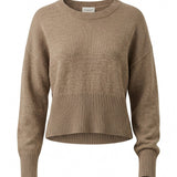 graced Eloise taupe crew neck sweater with drop shoulders, wide ribbed cuffs, and a cropped silhouette.